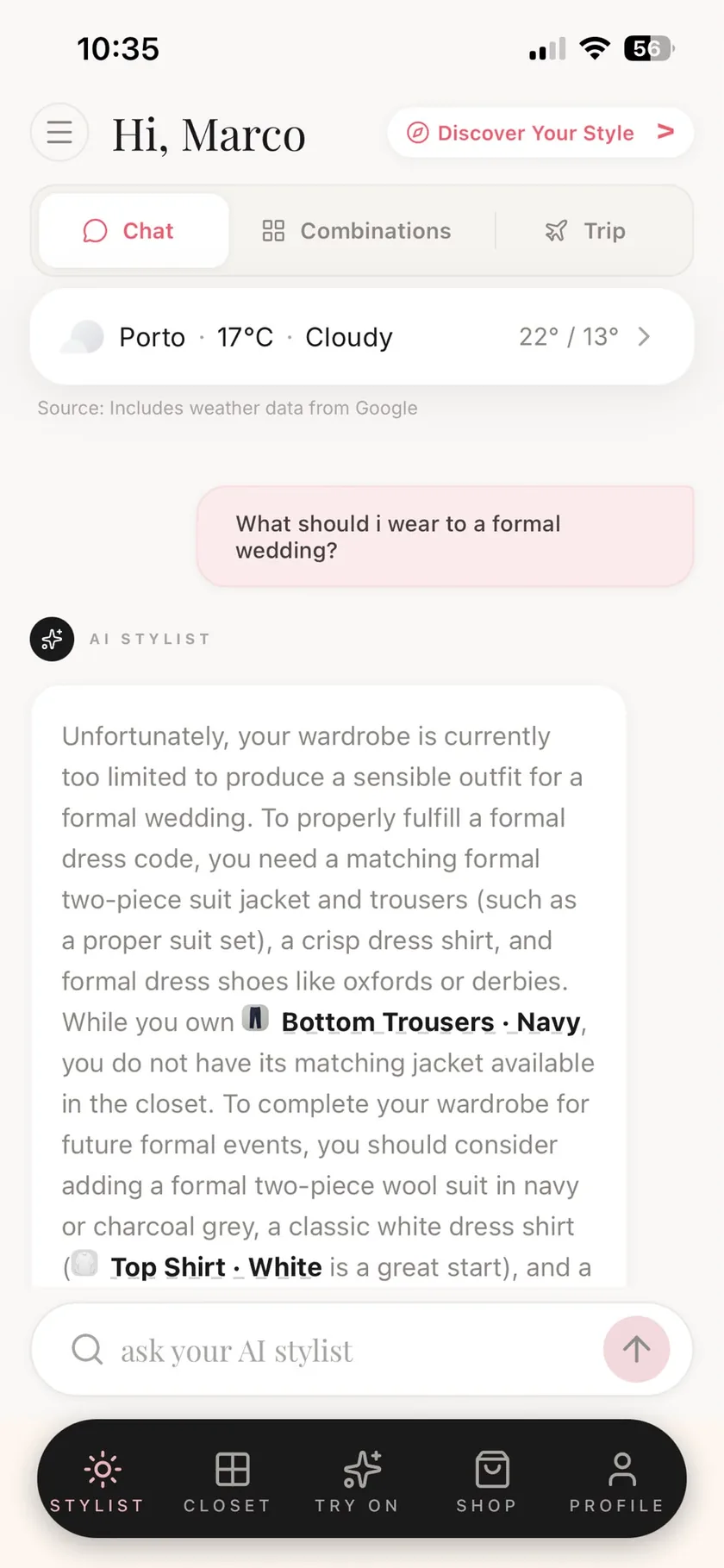 The Modesona app showing an AI Stylist chat about what to wear to a formal wedding.