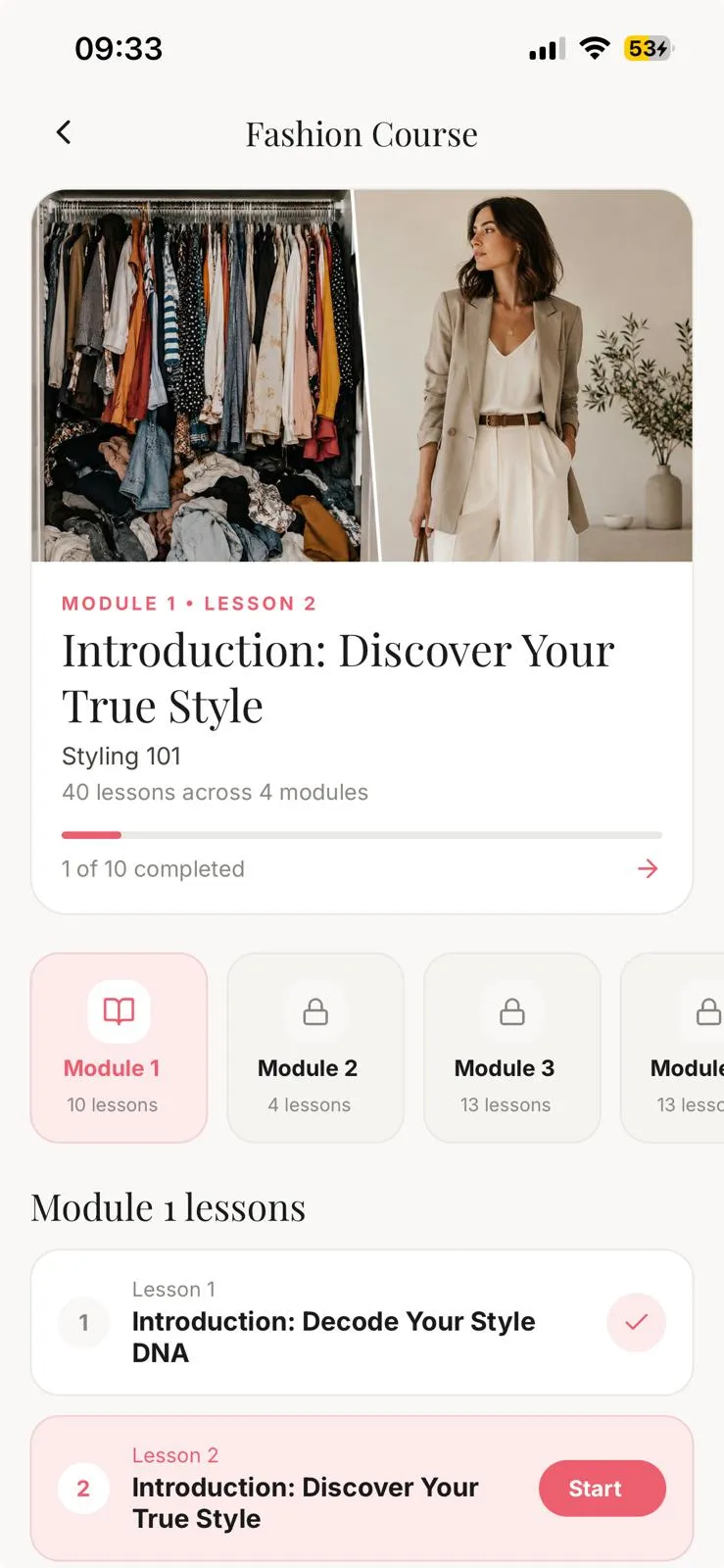 The Modesona fashion course screen showing Module 1 lesson progress, with the next lesson ready to start.