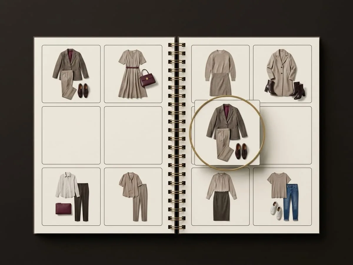 Complete outfits arranged across the dates of a monthly calendar