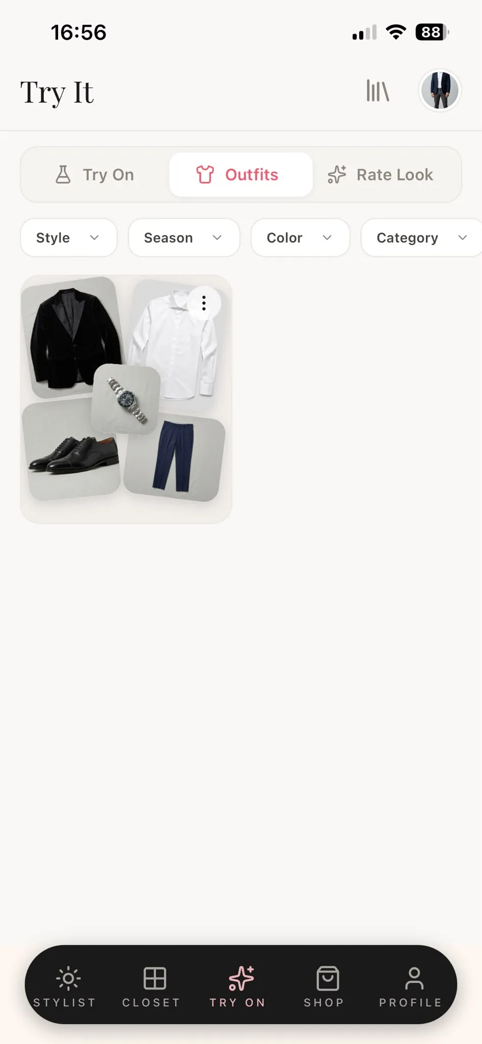 The Modesona outfits tab showing a saved look as a collage of the blazer, shirt, trousers, shoes, and watch it is made of.