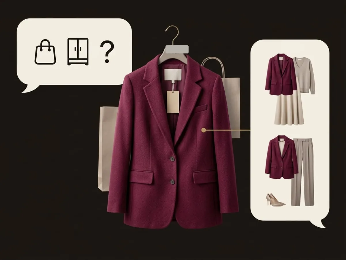 Een potentiële aankoop vergeleken met outfits uit een bestaande kledingkast.