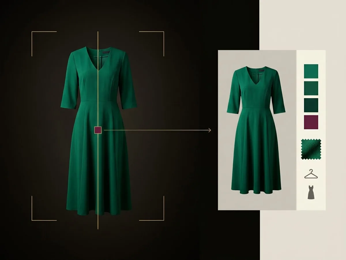A green dress photographed and classified into category, colour, and style details