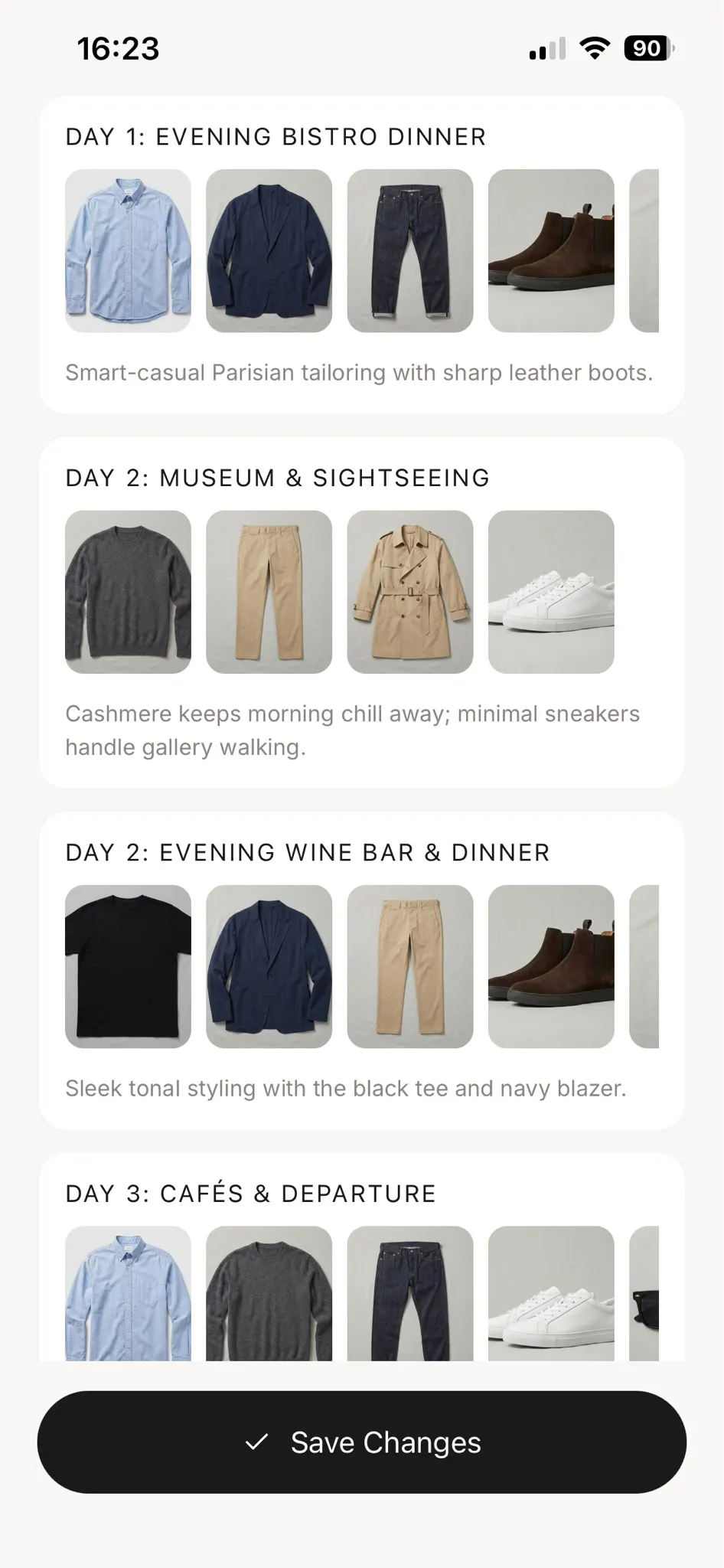 Het Modesona reisplan scherm toont een dagelijkse outfit voor elke activiteit, samengesteld uit een kleine set kledingstukken.