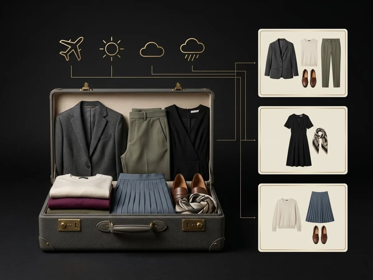 Weersbewuste outfits georganiseerd rond een open reiskoffer