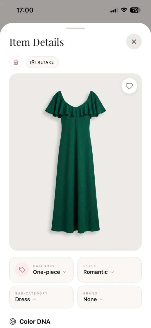 The Modesona item details screen showing a scanned green dress with editable category, sub-category, style, and brand fields.