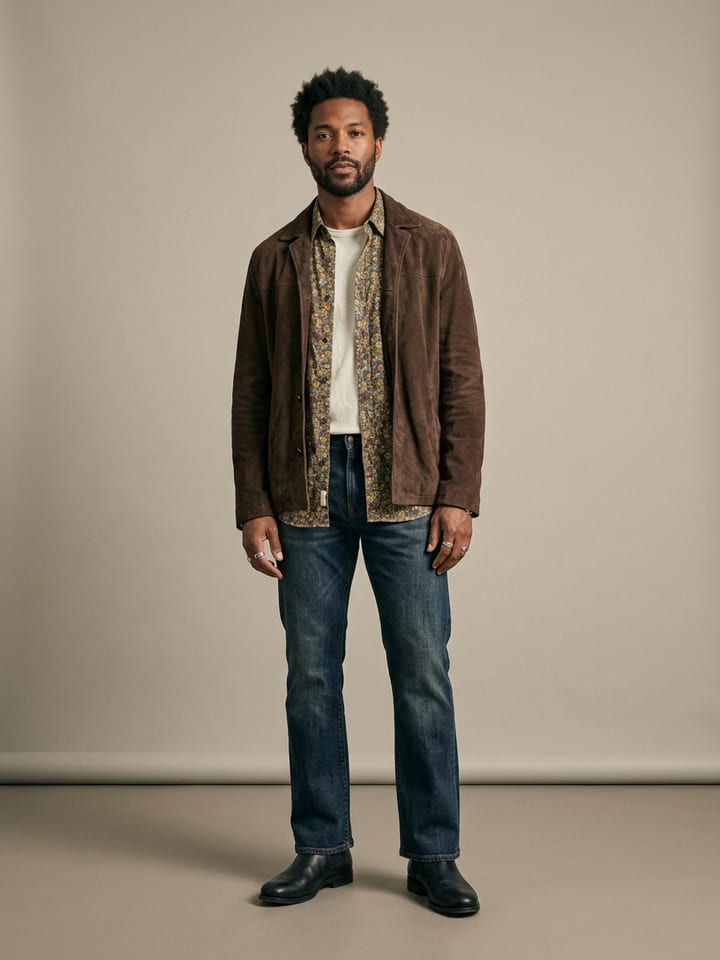 Man wearing an open small-print floral shirt under a brown suede jacket, with dark bootcut jeans, black chelsea boots and silver rings.