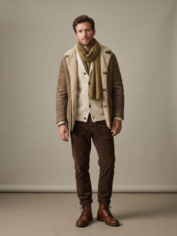Man in chocolate corduroy trousers and a cream shawl-collar cardigan under a shearling-lined suede jacket, with brown leather boots and a wool scarf.