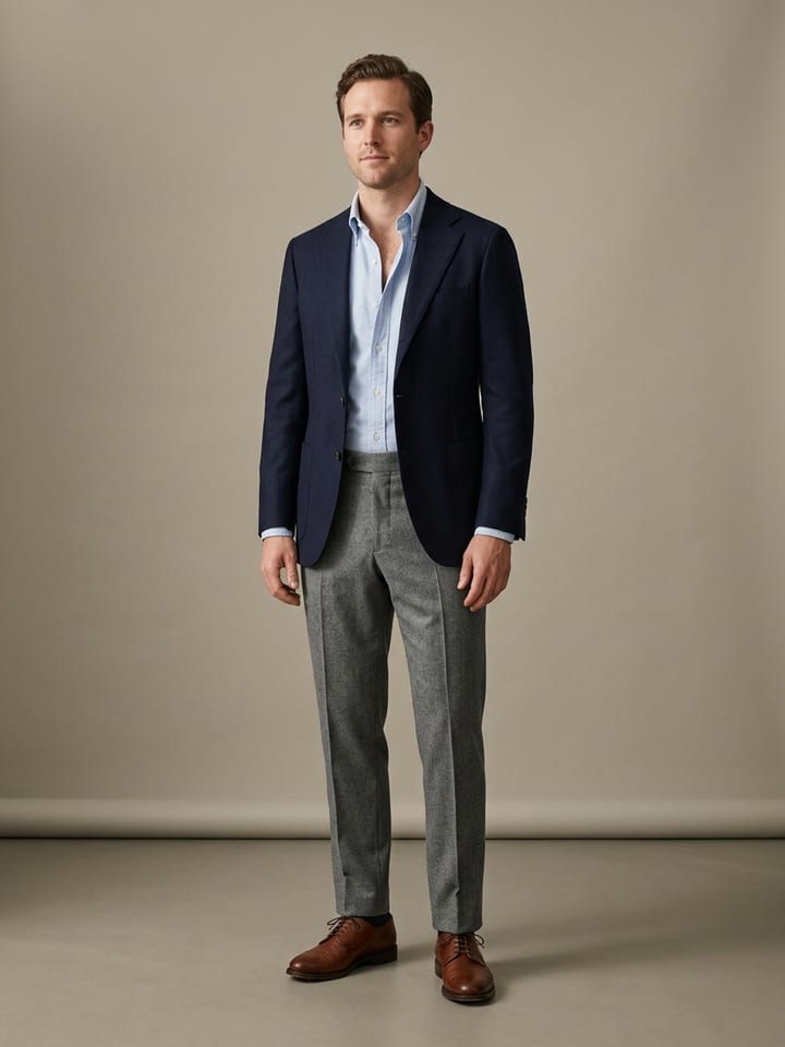 Homem com um blazer azul-marinho e camisa Oxford azul-claro, com calças de flanela cinzentas e sapatos derby de pele castanha.