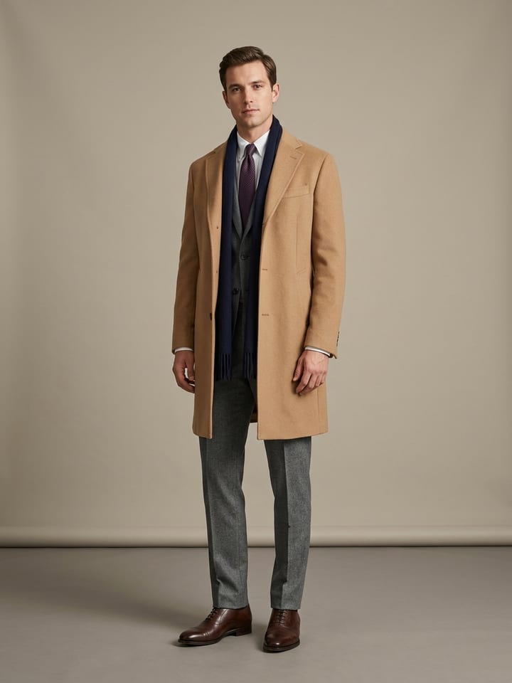 Man in a camel wool overcoat worn over a grey suit jacket, with a navy cashmere scarf and dark leather oxford shoes.