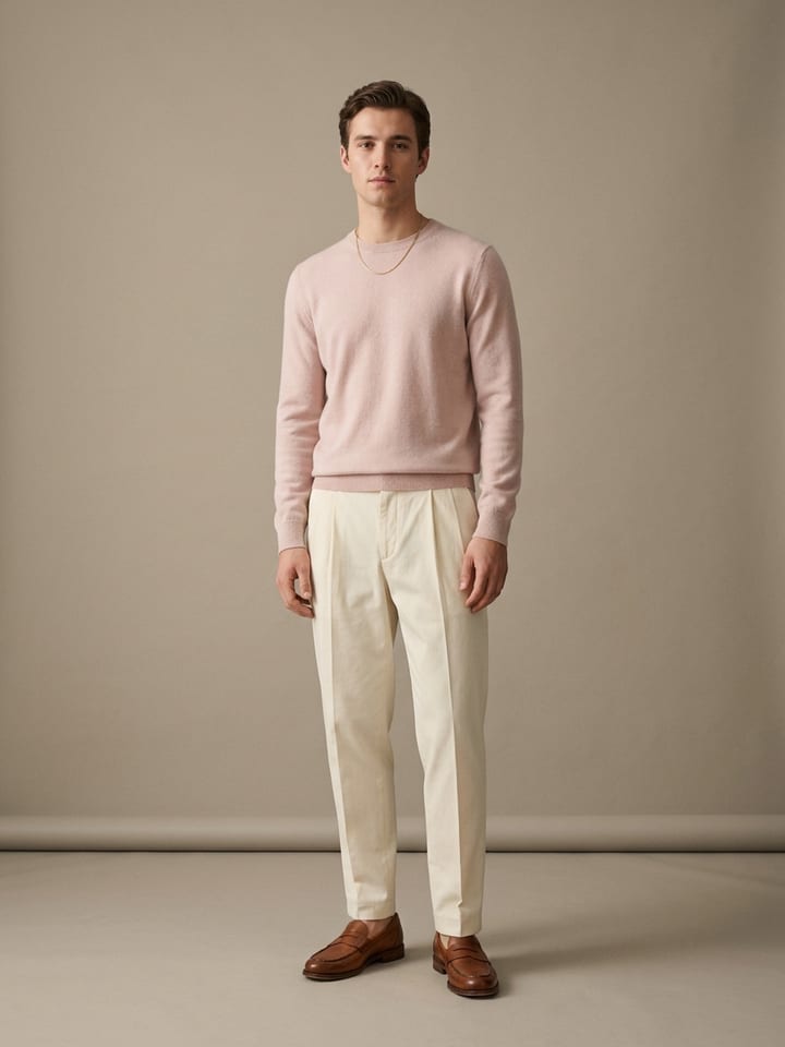 Man in a pale pink fine-gauge knit sweater with relaxed cream pleated trousers, brown leather loafers and a fine gold chain.