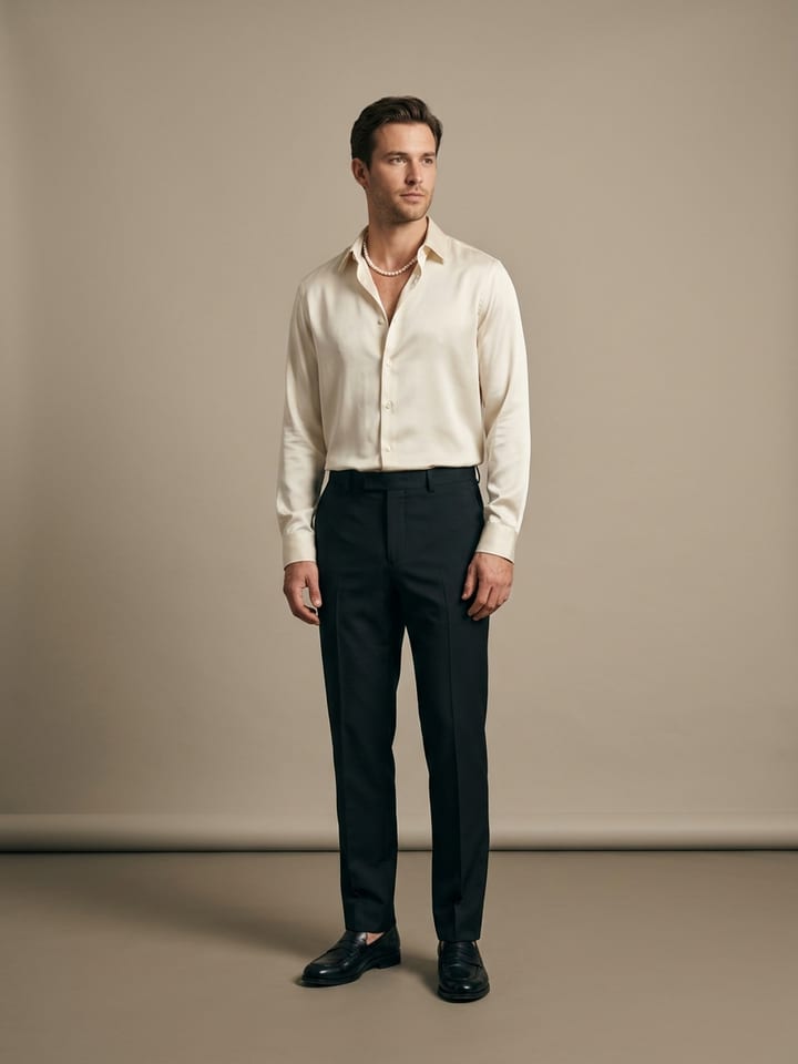 Man wearing a cream satin-finish shirt with the top two buttons open and a short strand of pearls, with dark tailored trousers and polished black loafers.