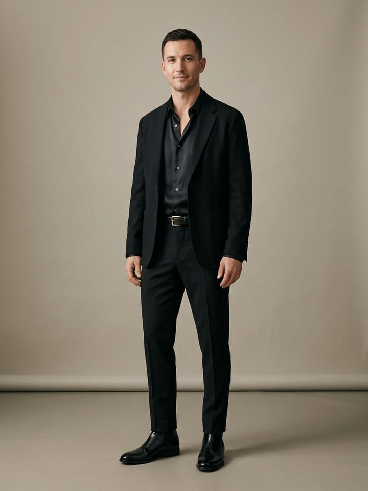 Man in a black silk shirt with the top two buttons open under an unstructured black blazer, with tailored black trousers and polished black chelsea boots.