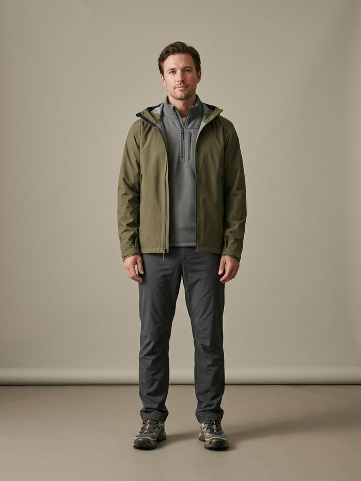 Man in an olive technical shell jacket over a grey fleece quarter-zip, with charcoal nylon hiking pants and trail-running shoes.