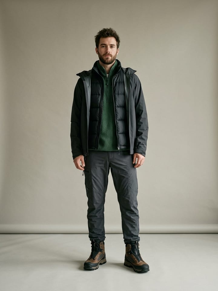 Man wearing a black puffer vest over a forest green fleece with an open shell jacket on top, nylon pants and insulated trail boots.