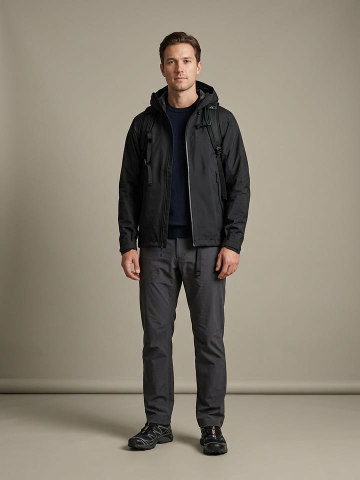 Man in a black technical shell over a navy merino crewneck, with straight dark trousers, low-profile trail sneakers and a minimal black backpack.