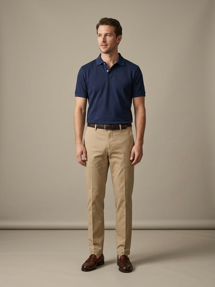 Lacivert pike polo yaka tişört ve haki chino pantolon giymiş, kahverengi penny loaferlar ve örgü deri kemer takan bir adam.