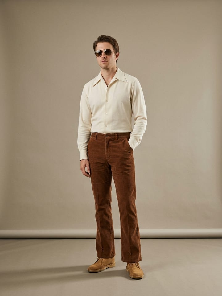 Man in chestnut brown corduroy flared trousers and a cream wide-collar shirt, wearing tan suede desert boots and gold-frame aviator sunglasses.