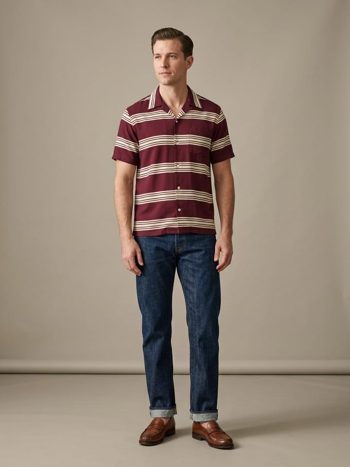 Man wearing a burgundy and cream rayon loop-collar bowling shirt with rigid indigo denim jeans cuffed once and brown leather loafers.