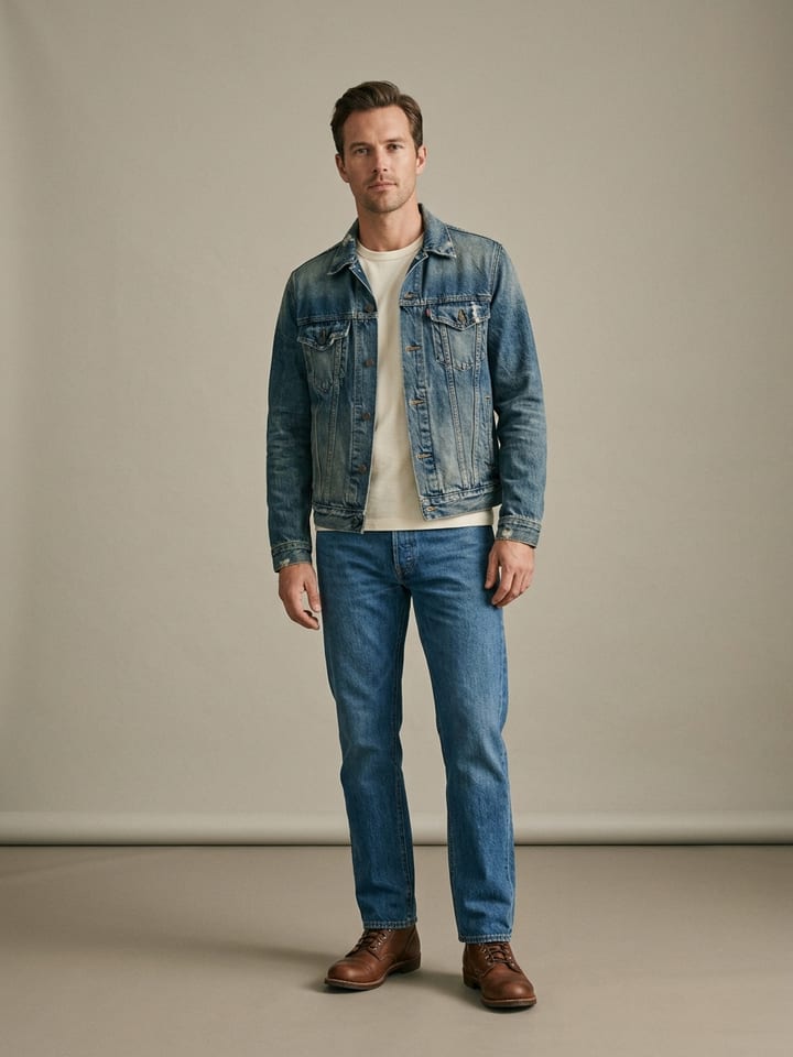 Man in a faded vintage indigo denim jacket over a plain cream tee, with straight-leg jeans and brown leather boots.