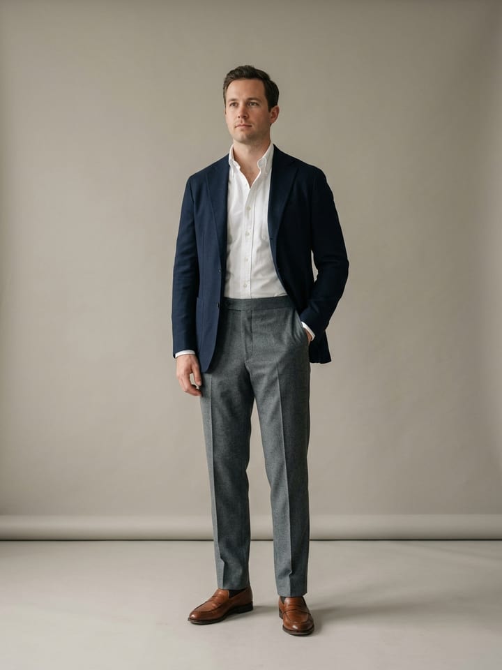 Gri yün pantolon ve beyaz Oxford gömlek üzerine açık yapısal olmayan lacivert blazer giyen, kahverengi deri loafer'lı bir erkek.