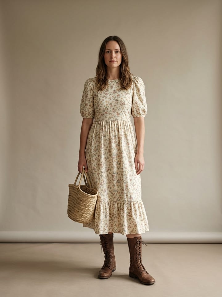 Woman in a cream floral prairie midi dress with puff sleeves, carrying a woven straw basket bag and wearing brown lace-up leather boots.