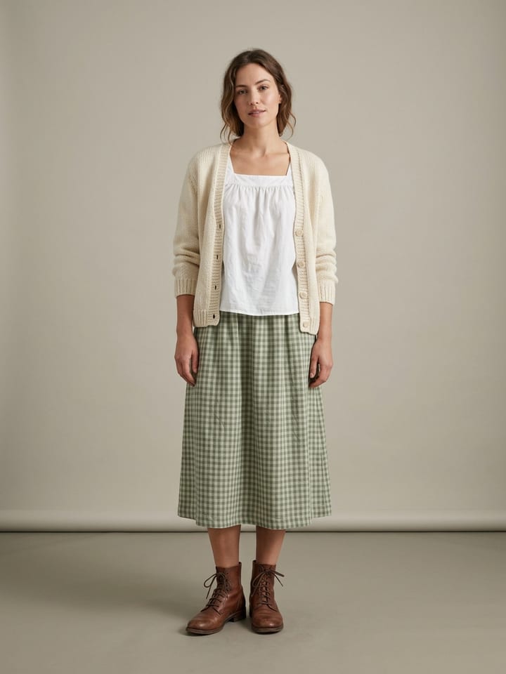 Woman wearing a white puff-sleeve blouse with a sage green gingham midi skirt and an open cream hand-knit cardigan, with brown lace-up boots.