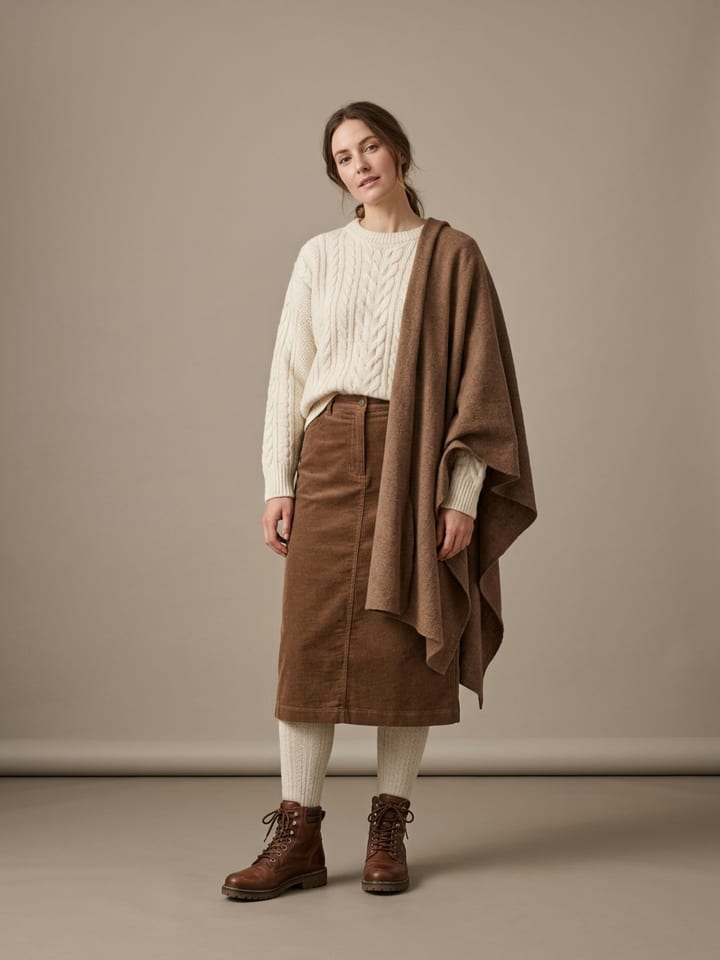 Woman in a cream cable-knit sweater tucked into a brown corduroy midi skirt, wearing thick cream wool tights, brown lace-up boots and a wool shawl over one shoulder.
