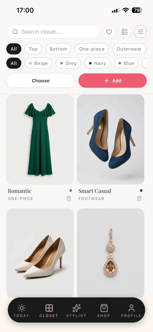 The Modesona closet screen showing category and colour filters above a grid of saved garments.