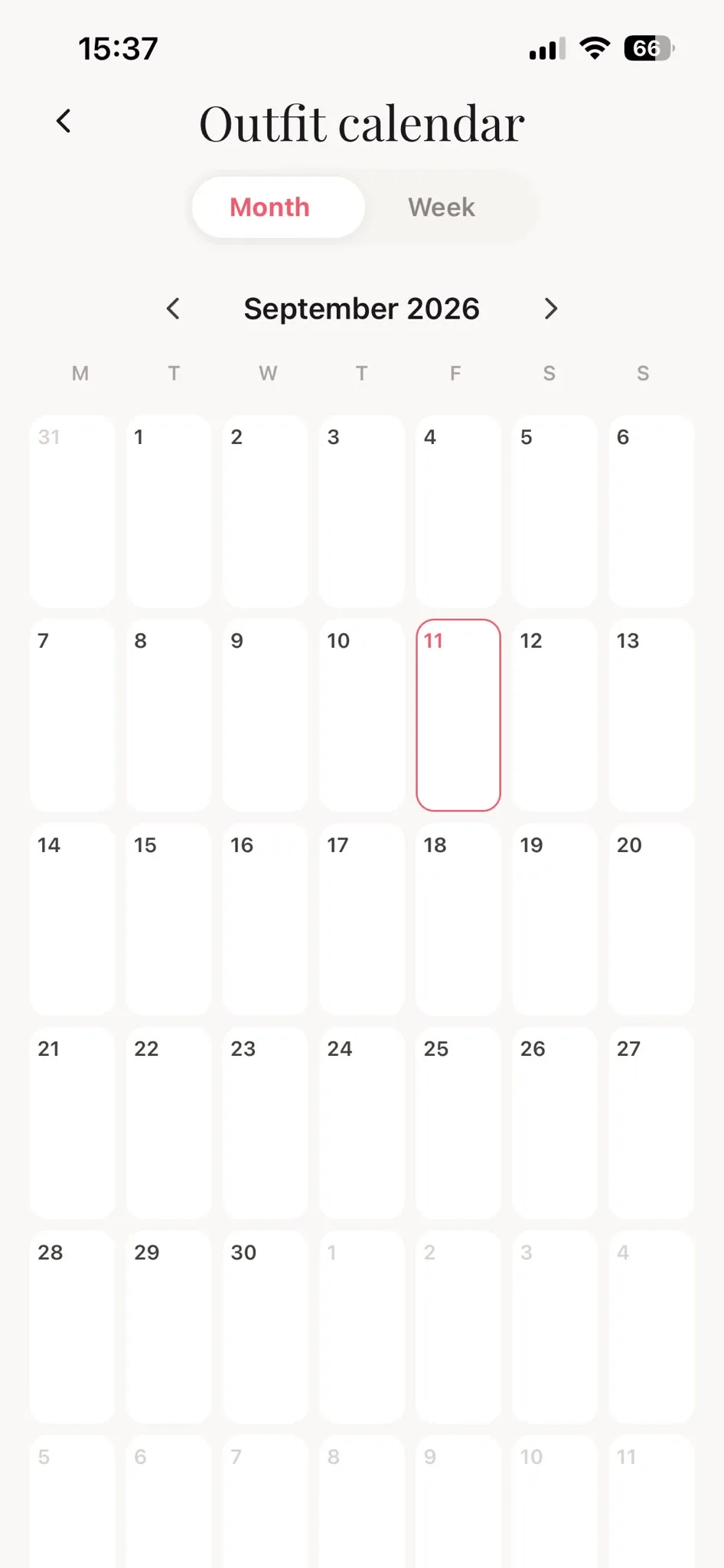The Modesona outfit calendar showing a monthly view with month and week tabs.