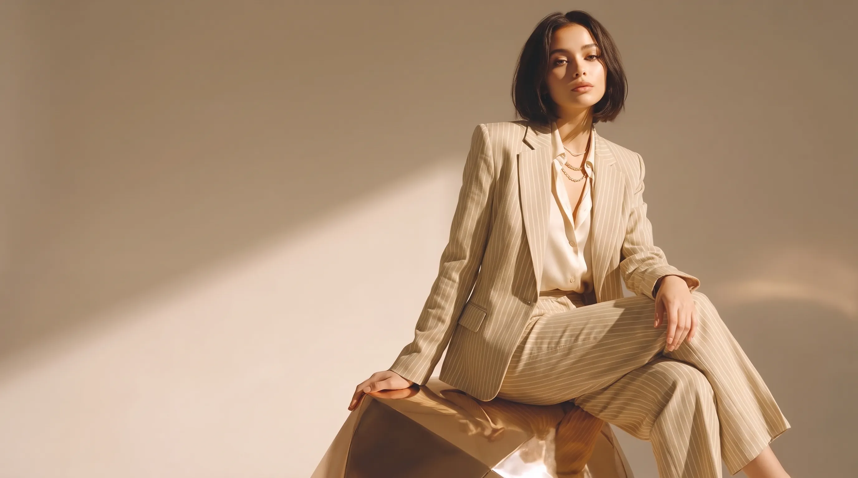 Woman in a cream pinstripe suit and silk blouse, seated against a sunlit studio wall