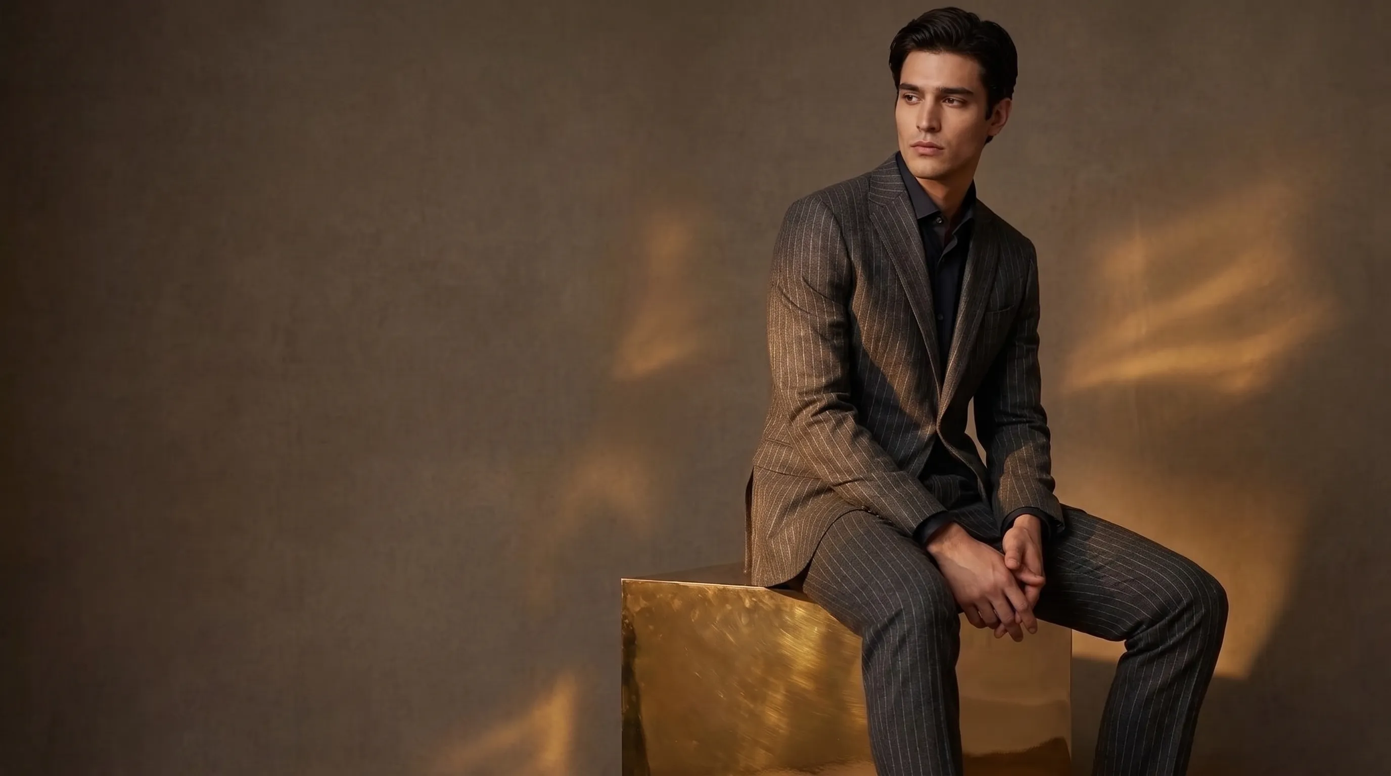 Man in a grey pinstripe suit seated on a brass cube against a warm taupe plaster wall