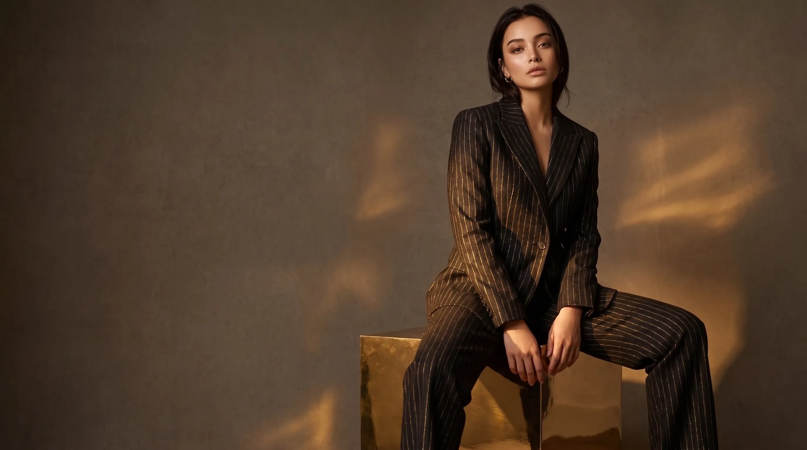 Woman in a dark pinstripe suit seated on a brass cube against a warm taupe plaster wall