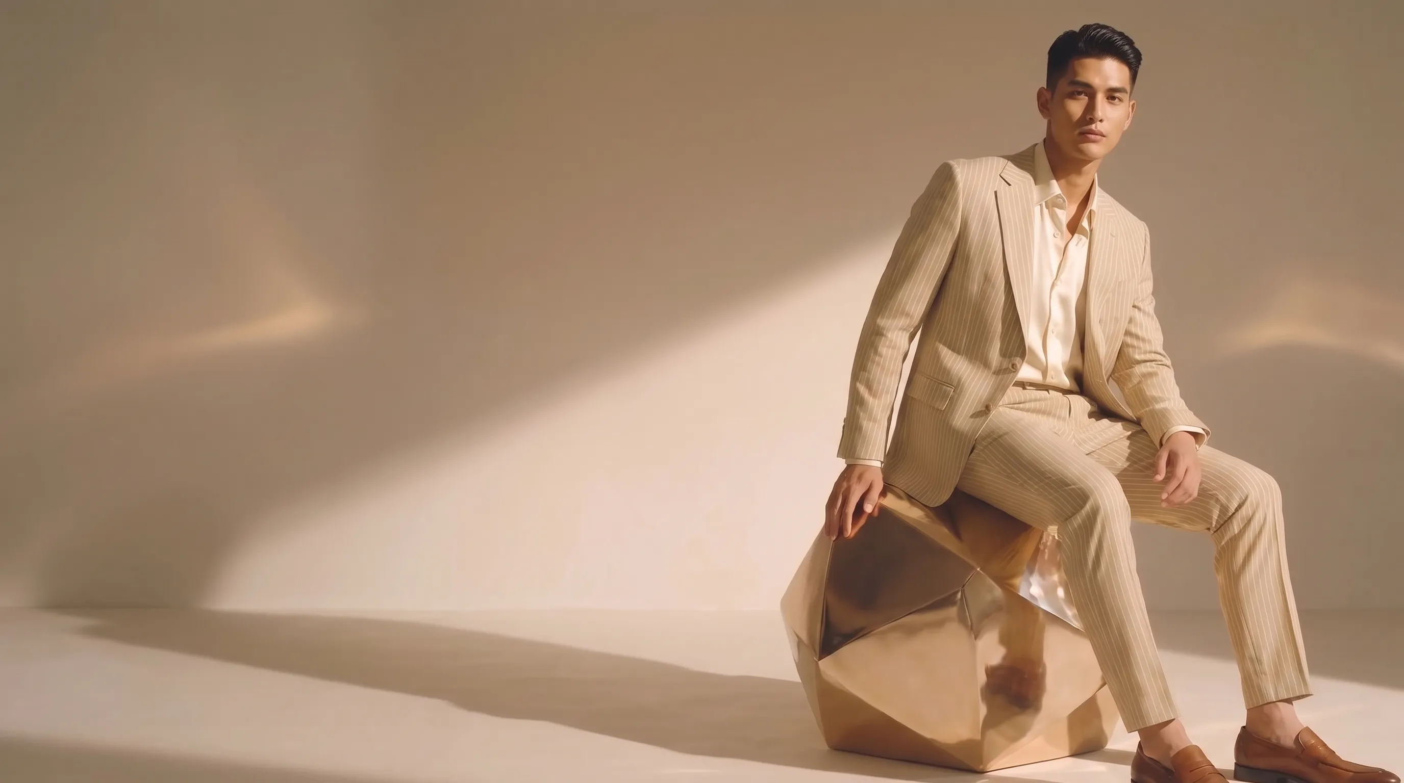 Man in a cream pinstripe suit and open shirt, seated on a faceted gold block against a sunlit studio wall