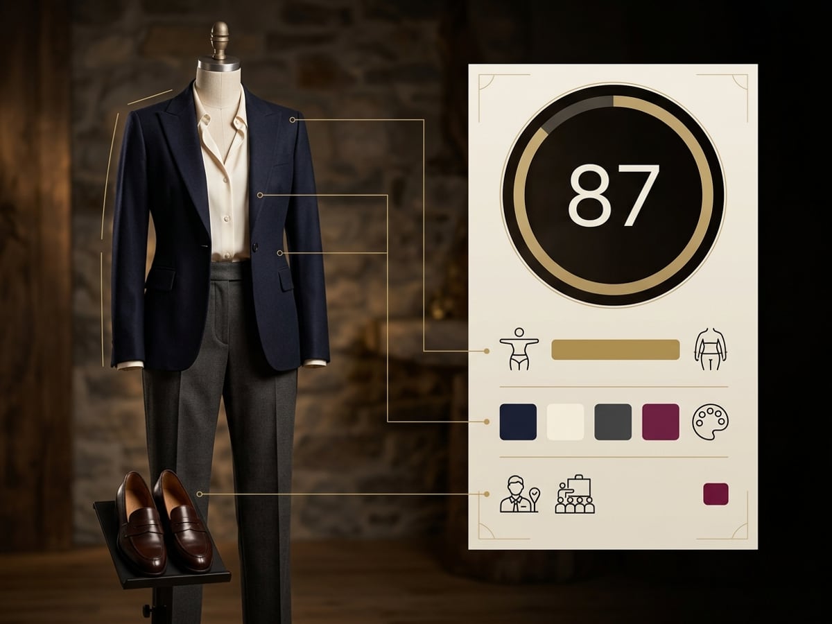 An outfit analyzed with a score and visual feedback