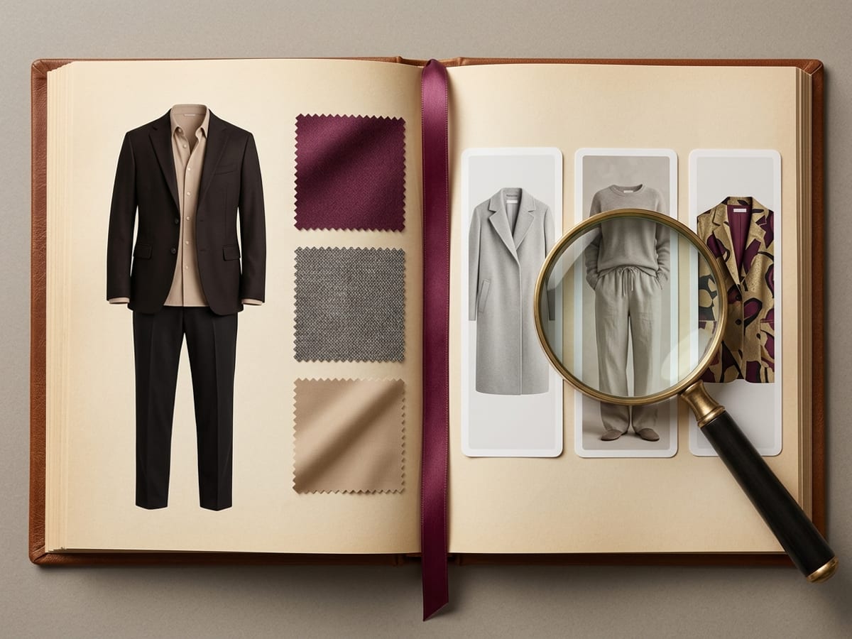 An open fashion guide comparing outfits, fabrics, and style references