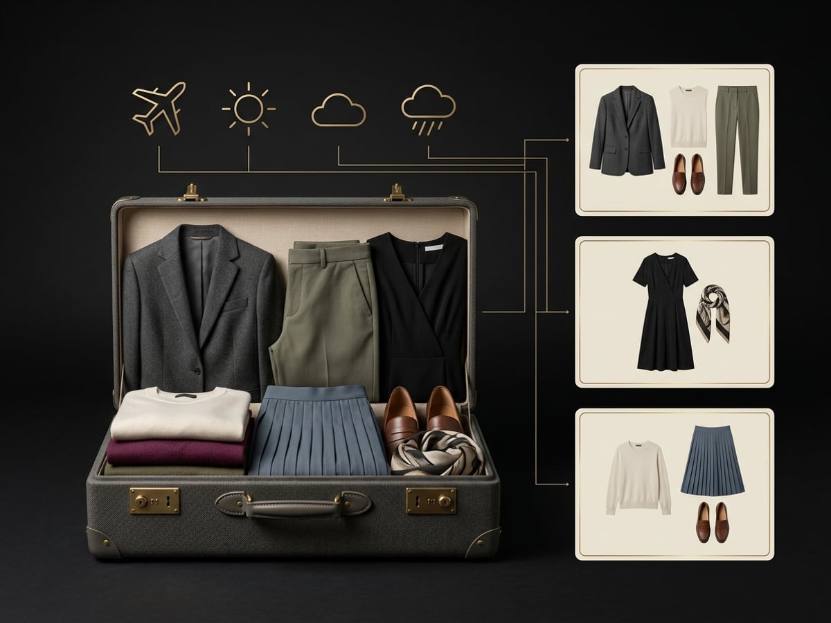 Weather-aware outfits organized around a travel suitcase
