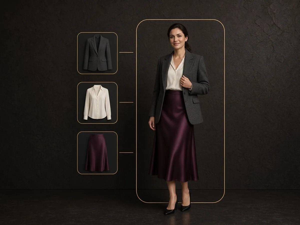 Selected garments visualized together on a faceless model