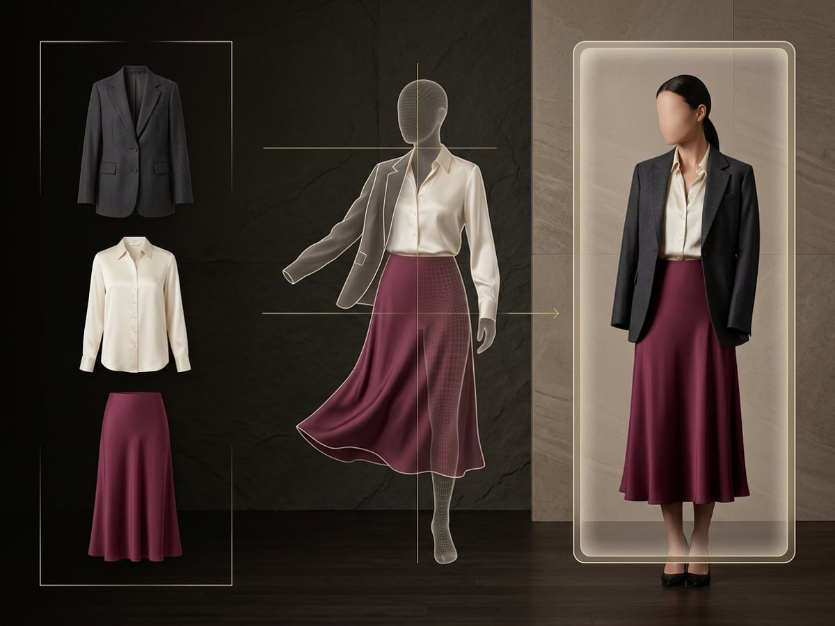 Selected garments visualized together on a faceless model