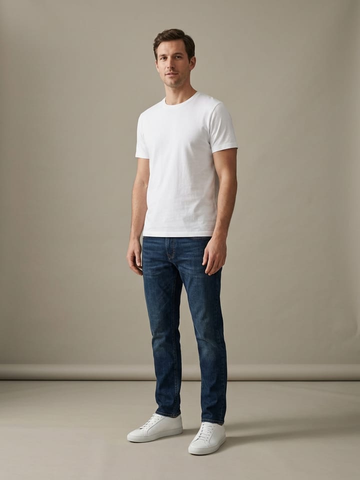 Man in dark denim jeans and a plain white tee that ends at mid-fly, wearing clean white leather sneakers.