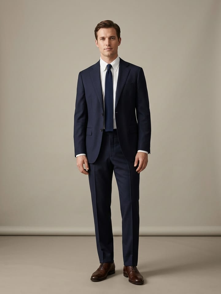 Uomo che indossa un abito due pezzi blu navy con una camicia Oxford bianca e una cravatta in maglia blu navy scura, con scarpe Oxford marrone scuro lucide.