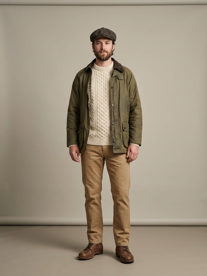 Man wearing a cream cable-knit fisherman sweater under an open olive waxed cotton jacket, with canvas trousers, brown leather boots and a flat cap.