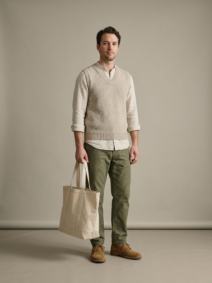 Man in an oatmeal knitted vest over a rolled-sleeve linen shirt, with olive canvas trousers, suede boots and a canvas tote bag.