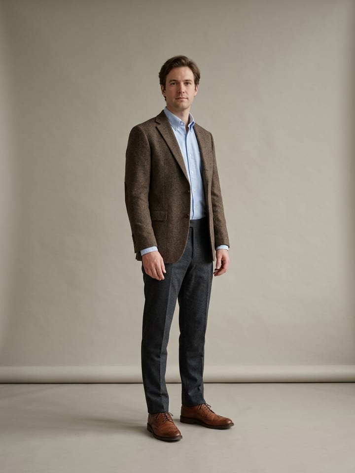 Man in a brown tweed jacket with elbow patches over a pale blue oxford shirt, wearing charcoal wool trousers and brown leather brogues.