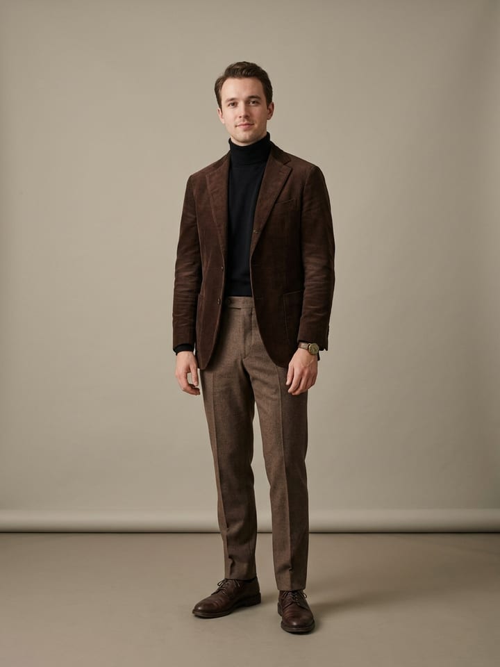 Man wearing a black fine-gauge turtleneck under a chocolate corduroy blazer, with brown wool trousers, leather derby shoes and a vintage watch on a leather strap.