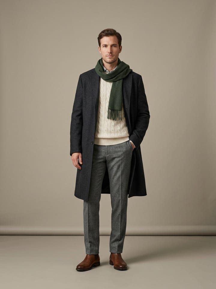 Man in a long charcoal wool overcoat over a cream cable-knit sweater with an oxford shirt collar showing, grey flannel trousers, brown leather boots and a forest green wool scarf.