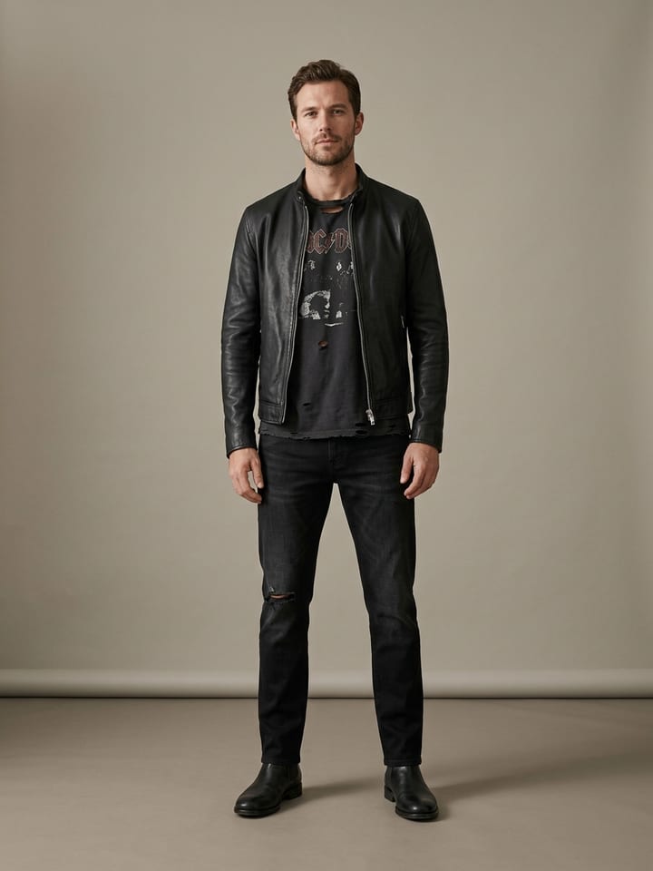 Man in black straight-leg jeans and a faded black band tee under a close-fitting black leather jacket, wearing black chelsea boots.