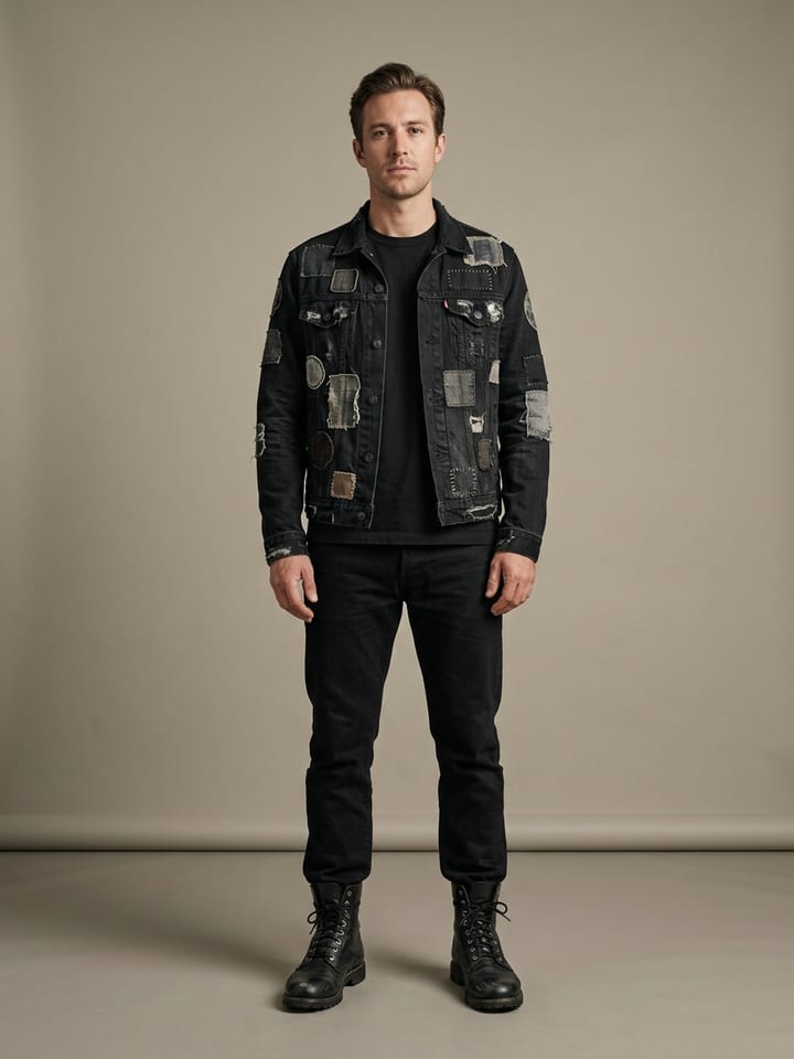 Man wearing a black denim jacket covered in assorted cloth patches over a plain black tee, with black jeans and lace-up combat boots.