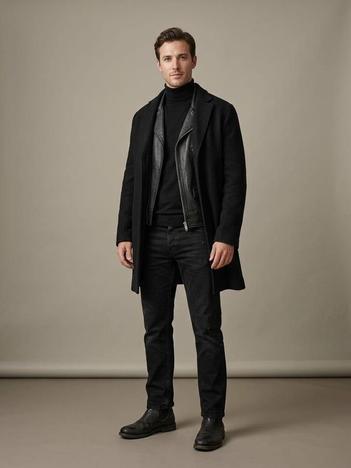 Man in an open black wool overcoat over a black leather jacket and a black merino roll-neck, with black jeans and leather boots.