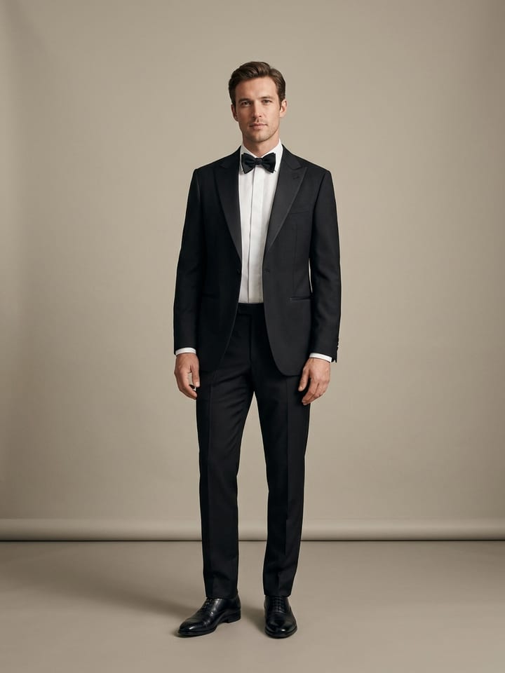 Uomo in smoking nero con revers in raso, camicia bianca elegante e papillon nero annodato, indossa scarpe stringate nere lucide.