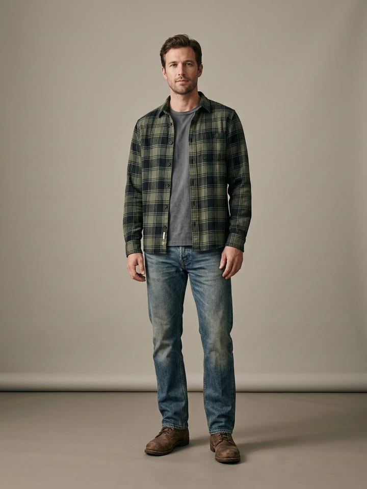 Man in worn mid-wash straight jeans and a faded grey tee, wearing an open green and black plaid flannel shirt and scuffed brown work boots.